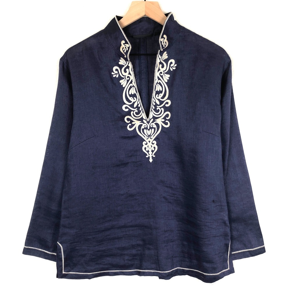 AMBER SUN 100% Linen Embroidered Tunic Top Sz M Navy Blue Split Cuff V-Neck